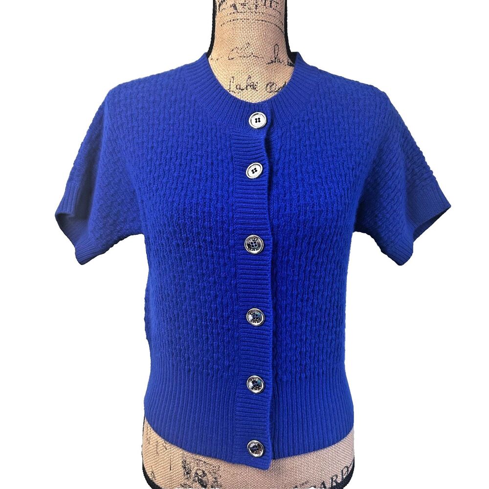 Anne Klein 100% Cashmere Blue Short Sleeve Logo Buttons Cardigan Sz PM